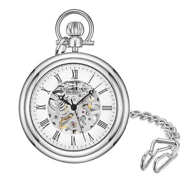 Stuhrling Original Men's Pocket Watch Stainless Steel Analog Skeleton Watch Hand Wind Mechanical Movement Stainless Steel Chain