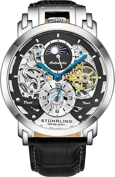 Stuhrling Original Men's Automatic Skeleton Watch - Luxury Leather & Stainless Steel Self-Winding Dress Watch