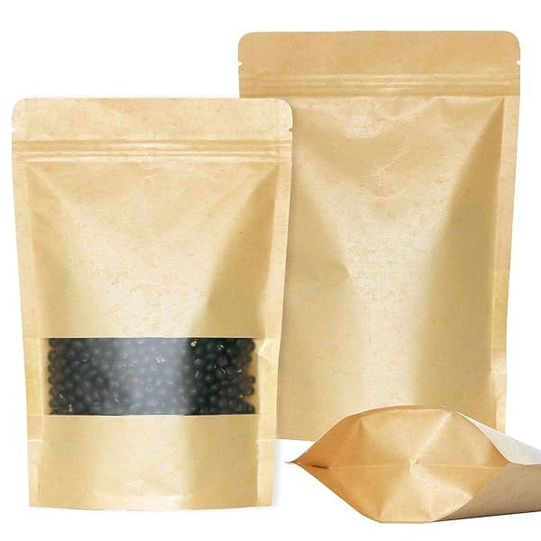 SumDirect Kraft Stand Up Pouches 50Pcs Resealable Paper Bags with Window Zipper for Food Storage Home or Business 6x8.6inch
