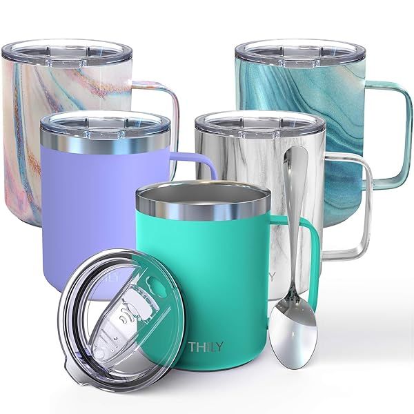 THILY Stainless Steel Insulated Coffee Mug 12 oz Travel Cup with Handle Spill Proof Lid for Outdoor Camping Matte Teal