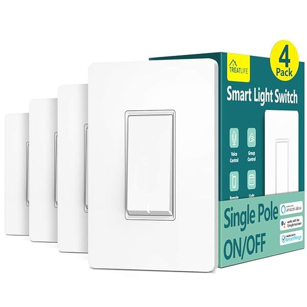 TREATLIFE Smart Light Switch Single Pole Compatible with Alexa Google Home SmartThings 2.4GHz WiFi Timer Neutral Wire Required 4 Pack