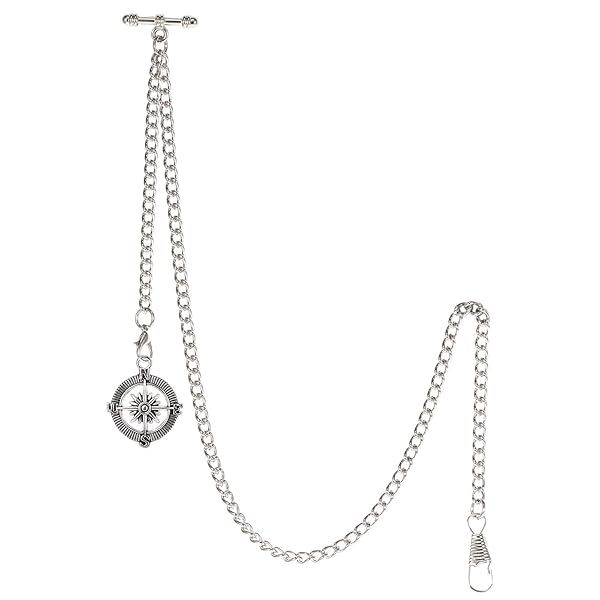 TREEWETO Men's Albert Chain Pocket Watch with Antique Compass & Curb Link Key Chain - Stylish Silver Pendant Fob