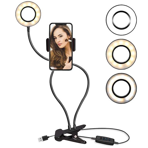 TalkWorks Selfie Ring Light Cell Phone Holder for iPhone 15 14 13 12 SE 11 XR XS X 8 7 6 Flexible Clip USB LED Stand for Live Streaming Black