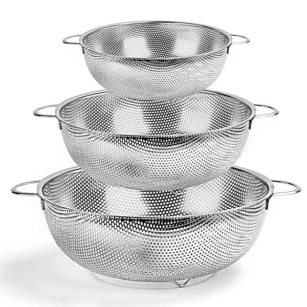 TeamFar Stainless Steel Colander Set of 3 - Rust-Free, Dishwasher Safe Strainers for Pasta, Berries & More
