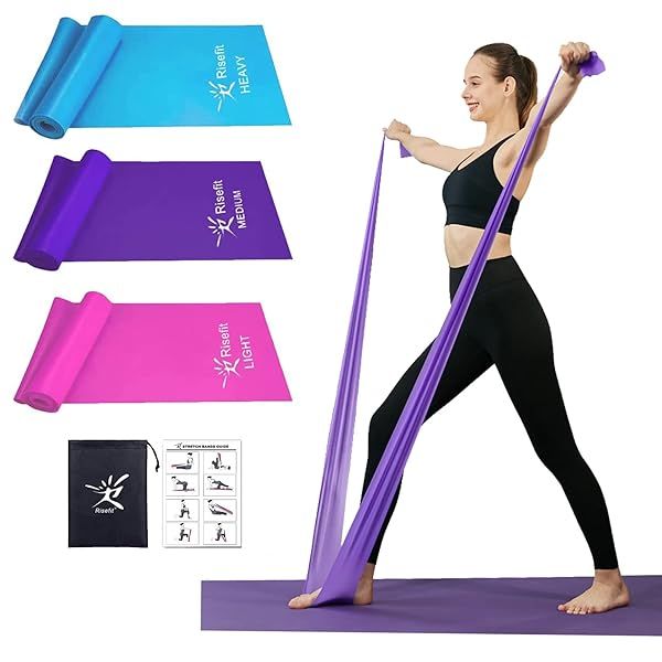 Therapy Flat Resistance Bands Set - Latex Free Elastic Bands for Yoga, Pilates, Rehab & Workouts (3 Pack, 5 FT) - Pink, Purple, Blue