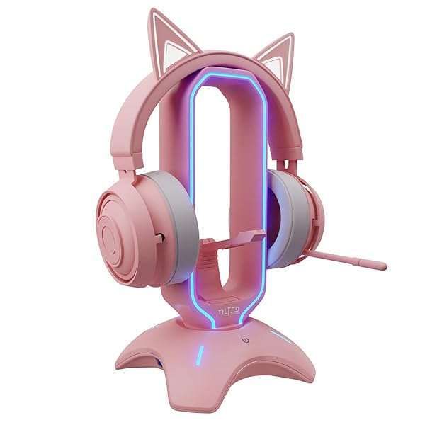 Stylish Pink RGB Gaming Headphone Stand with Mouse Bungee & USB Hub - Perfect Gamer Girl Desk Accessory
