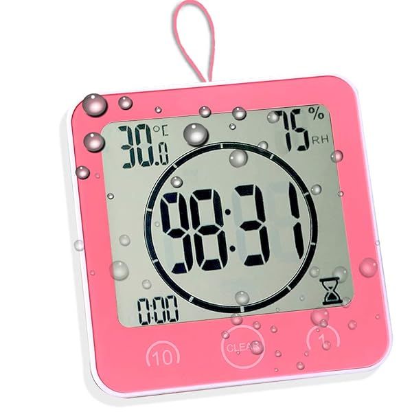 Waterproof Shower Timer & Wall Clock: Large Digital Countdown with Suction, Temp & Humidity Display - Perfect for Kids (Pink)