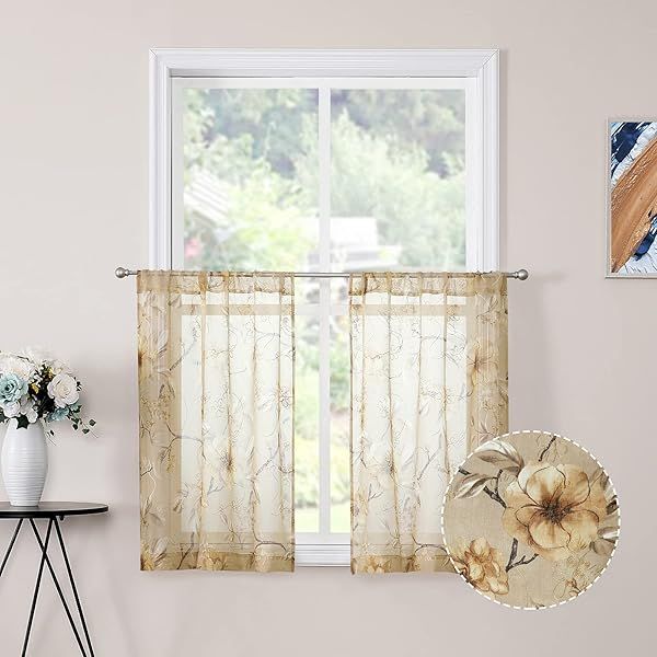 "Beige Floral Sheer Tier Curtains - 30x24" Embroidered Kitchen & Bathroom Voile Panels, Set of 2"