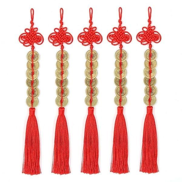 Topxome Retro 6 Coins Red Chinese Knot: Feng Shui Wealth & Success Charm for Home & Car (Pack of 5)