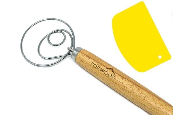 Torwood Large Danish Dough Whisk 13.5 inches Stainless Steel Wooden Hook for Baking Bread Pastries Pizza with Dough Scraper