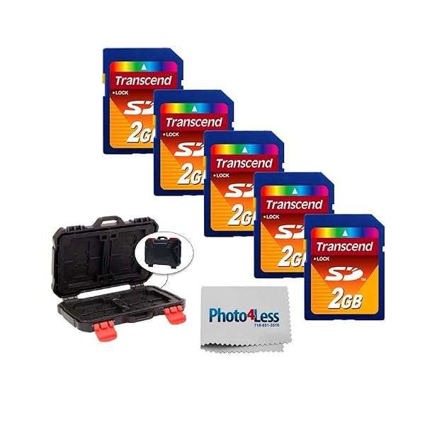 Transcend 2GB SD Memory Card Pack of 5 + Vivitar Hardcase & Cleaning Cloth - Ultimate Camera Accessory Bundle