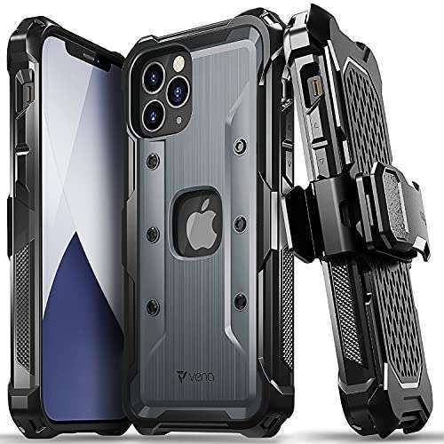 VENA vArmor Rugged Case for iPhone 12 Pro Max - Military Grade Protection & Kickstand - Heavy Duty Holster Clip - Space Gray