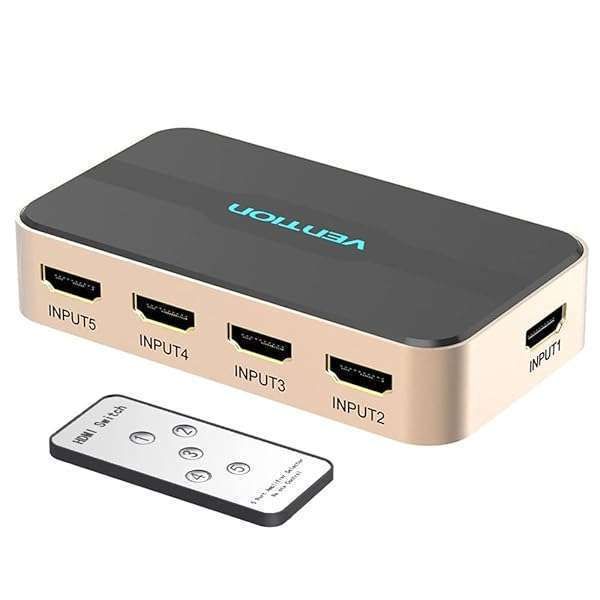 VENTION 5x1 HDMI Switch 4K@30Hz with IR Remote - Perfect for Roku, Apple TV, PS5, Fire Stick & More!