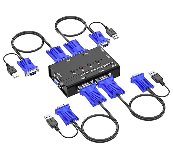 Yinker 4-Port USB VGA KVM Switch: Share 4 Computers with One Monitor, Keyboard & Mouse - Includes Cables & USB Hubs
