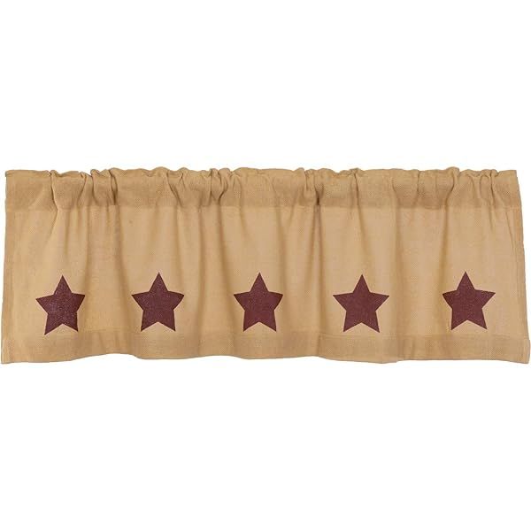VHC Brands Burlap Natural Burgundy Stars 16x60 Valance Tan Rod Pocket Stenciled Cotton Kitchen Window Curtains