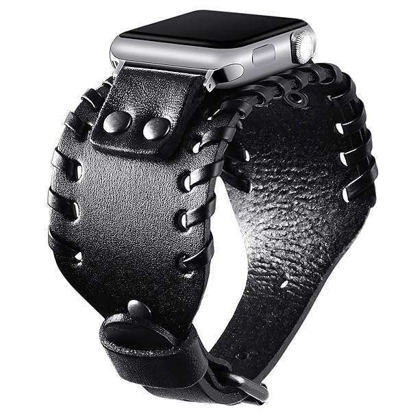 VIQIV Wide Cuff Leather Band for Apple Watch 38mm/40mm - Unisex Retro Replacement Strap for Series SE/6/5/4/3/2/1 in Black