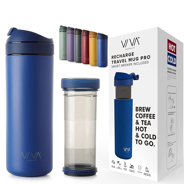 VIVA Recharge Blue Insulated Tea and Coffee Mug with Travel French Press Coffee Maker 16 oz Brew and Drink On the Go or Camping