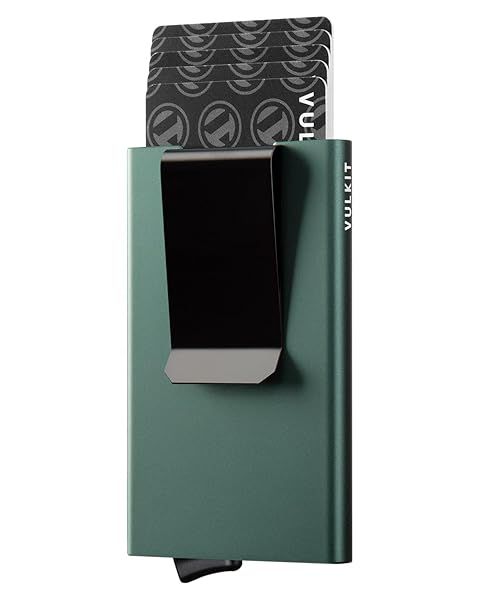 VULKIT Minimalist Wallet with Money Clip RFID Blocking Slim Metal Card Holder for Men Midnight Green