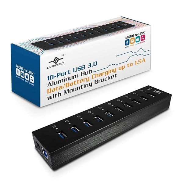 Vantec 10-Port USB 3.0 Hub: Full Powered, Mountable, 1.5A Charging, Premium 60W Adapter - UGT-AH110U3-BK