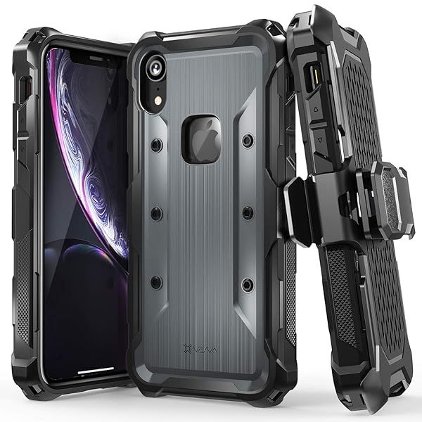Vena vArmor Rugged Case for iPhone XR - Military Grade Protection, Heavy Duty Holster & Kickstand - Space Gray