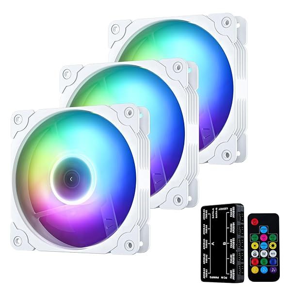 Vetroo 3-Pack 120mm RGB PWM Computer Case Fans with Controller Hub - High Performance Cooling in White