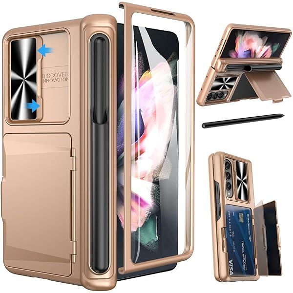 Viaotaily Samsung Fold 3 Case with Credit Card Holder S Pen Holder Screen Protector and Slide Camera Lens Cover for Galaxy Fold 3 5G 2021 Rose Gold