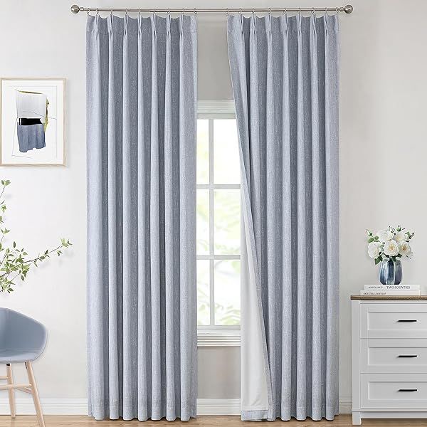 Vision Home Chambray Blue Pinch Pleated Full Blackout Curtains Room Darkening Thermal Insulated Drapes 2 Panel 40Wx108L for Living Room Bedroom
