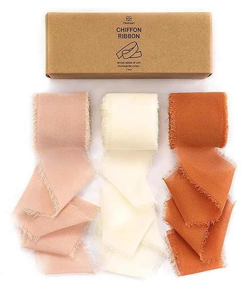 Vitalizart Fall Handmade Chiffon Silk Ribbon Fringe 1.5 Inch x 21 Yd Terracotta Cream for Wedding Invitations Gifts and Crafts