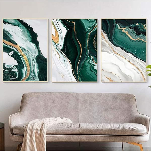Modern Abstract Dark Green & Gold Foil Marble Art - 3-Piece Canvas Set for Living Room & Bedroom Decor (16x24in, Unframed)