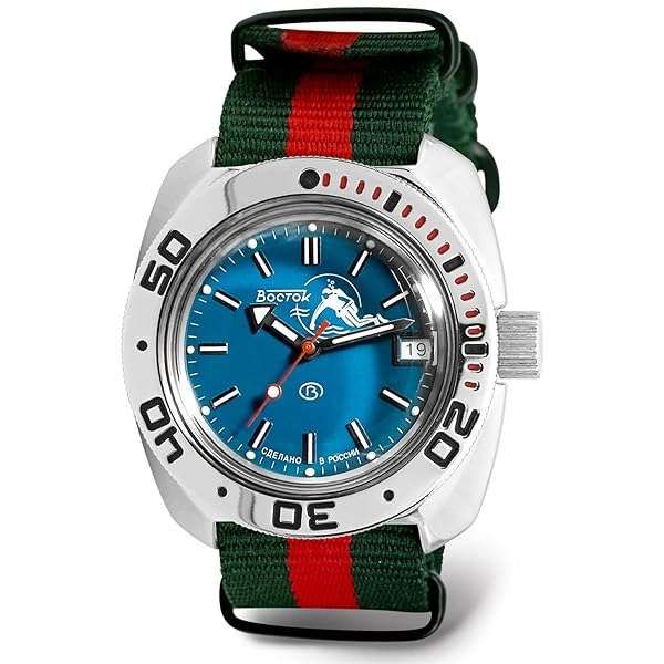 Vostok Amphibia 710059: Automatic Diver Watch with Green-Red Strap - Scuba Dude Edition