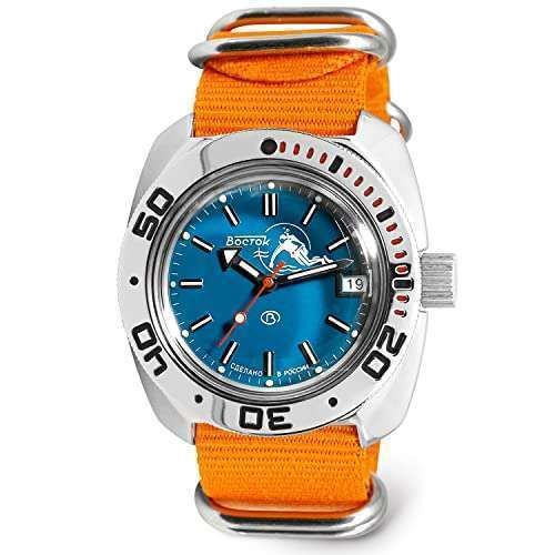 Vostok Amphibia 710059: Automatic Diver Watch with Orange Strap - Scuba Dude Edition