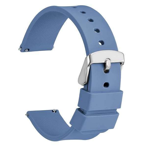WOCCI 14mm Silicone Watch Band - Quick Release Rubber Strap with Silver Buckle in Blue-Grey