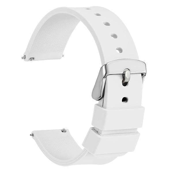 WOCCI 14mm Silicone Watch Band - Quick Release Rubber Strap with Silver Buckle (White) for Easy Style Upgrade