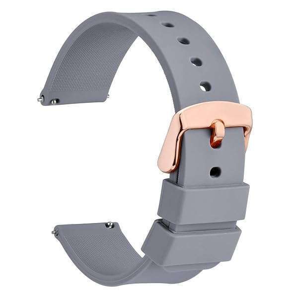 WOCCI 18mm Silicone Watch Band with Rose Gold Buckle - Soft Rubber Replacement Straps (Grey) - Quick Release Design