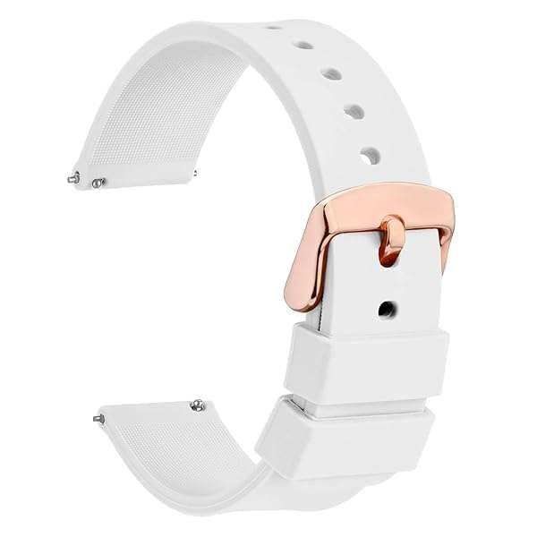 WOCCI 18mm Silicone Watch Band with Rose Gold Buckle - Soft Rubber Replacement Straps (White) - Quick Release Design