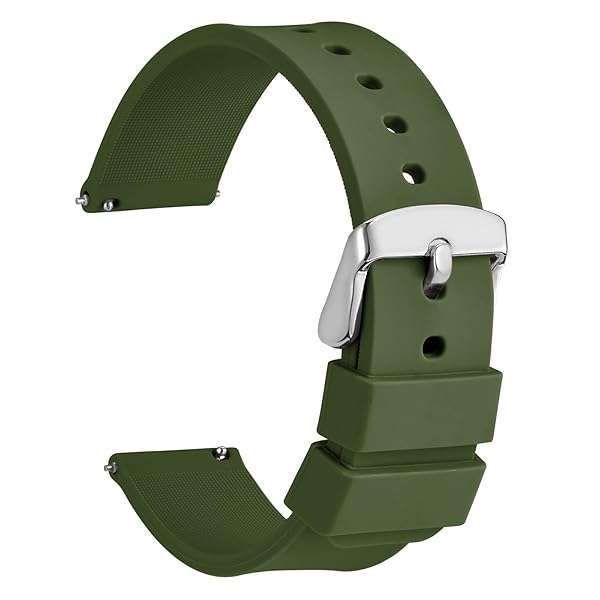 WOCCI 24mm Silicone Watch Band - Quick Release Rubber Strap with Silver Buckle in Military Green