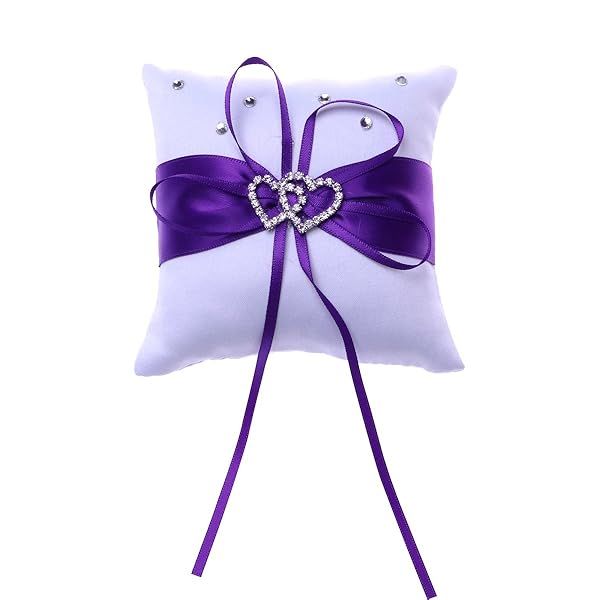Purple Wedding Ring Pillow - 4x4 Inch Double Heart Bridal Ring Bearer Cushion & Accessories