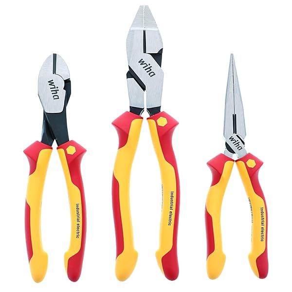 Wiha 32968 3 Piece Insulated Industrial Grip Pliers and Cutters Set Red for Safe Electrical Work