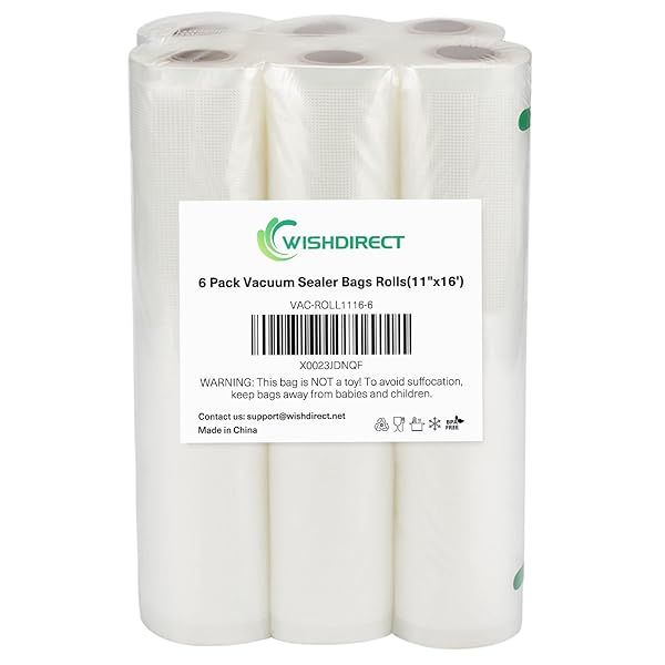 "WishDirect Vacuum Sealer Bags Rolls - 6 Heavy Duty 11"x16' Food Storage Rolls for Sous Vide & FoodSaver (Total 100 Feet)"