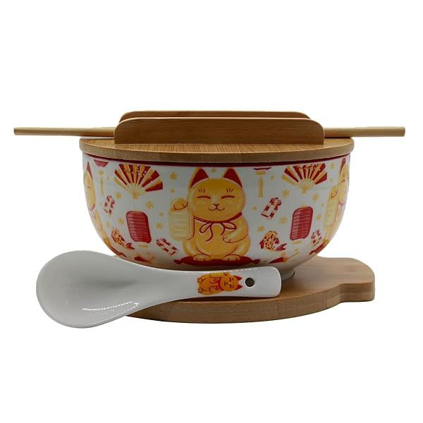 XWORLD Japanese Ceramic Ramen Noodle Bowls Set with Spoon Chopsticks Lid Trivet 33.8 OZ Microwavable Oven Safe Lucky Cat Design