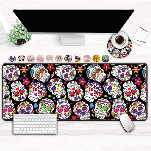 XXL Gaming Mouse Pad - Ergonomic Non-Slip Rubber Base with Day of the Dead Sugar Skull Design | Perfect for Computers & Keyboards