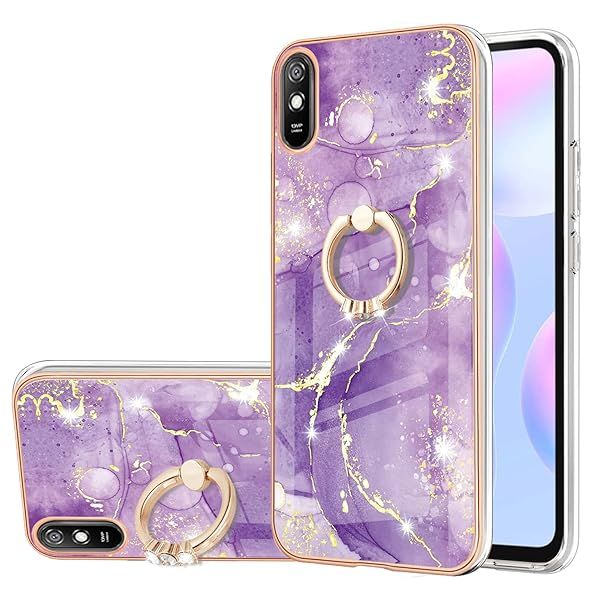 XYX Case for Xiaomi Redmi 9A Slim TPU Marble Cover with 360 Rotating Ring Kickstand Dark Purple Full-Body Protection