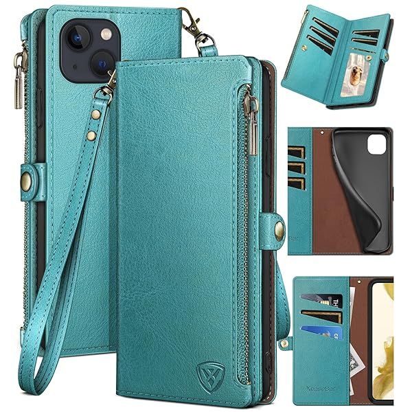 XcaseBar iPhone 13 Wallet Case Zipper Credit Card Holder RFID Blocking Flip Folio PU Leather Shockproof Cover for Apple 13 Blue Green