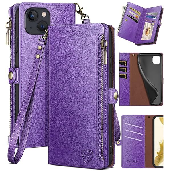 XcaseBar iPhone 14 Case with Zipper RFID Blocking Credit Card Holder Flip Folio PU Leather Shockproof Cover for Apple 14 Wallet Purple