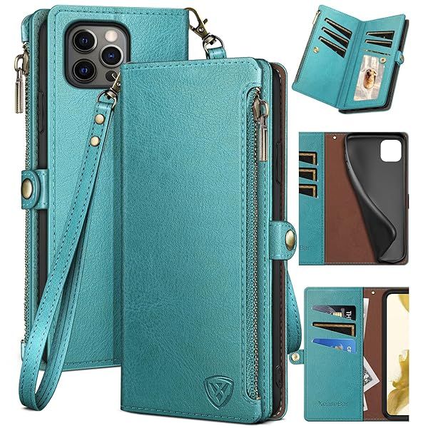 XcaseBar iPhone 14 Pro Max Wallet Case Zipper Credit Card Holder RFID Blocking Flip Folio PU Leather Shockproof Cover Blue Green