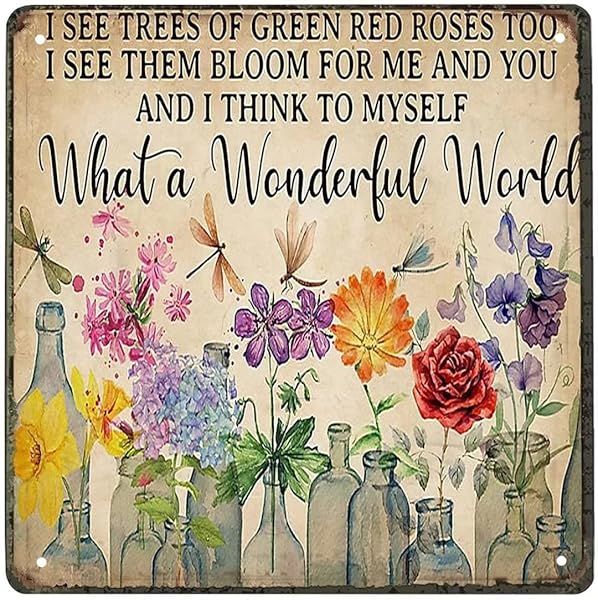 Xiddxu Vintage Tin Sign Decor What a Wonderful World Trees Green Red Roses Flowers Aluminum Wall Art for Home Coffee Dining Room 12x12 Inch