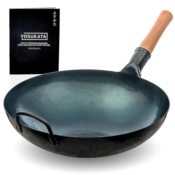 "YOSUKATA 14" Blue Round Bottom Wok Pan - Traditional Hammered Carbon Steel for Authentic Chinese & Japanese Cooking"