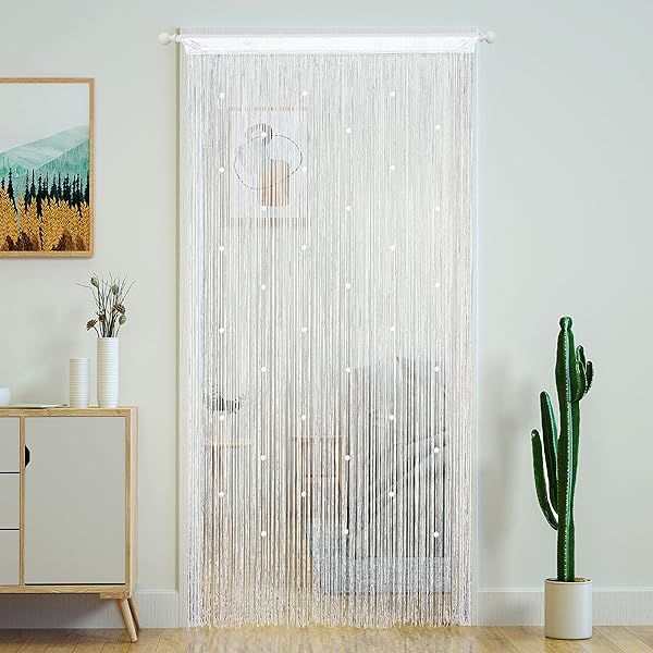 YaoYue Beaded Curtain Door String - Stylish Tassel Room Divider for Privacy & Decor (39x79in, White)