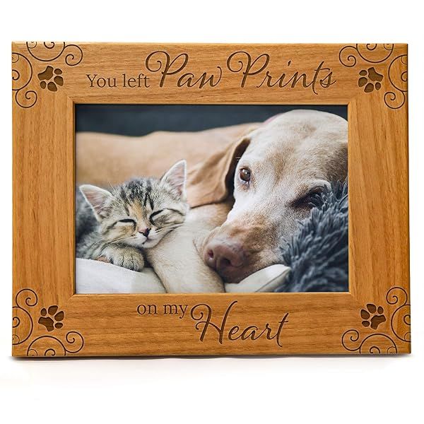 You Left Paw Prints On My Heart Pet Memorial Picture Frame Engraved Natural Wood 5x7 Horizontal Portrait Dog Remembrance Sympathy Gift
