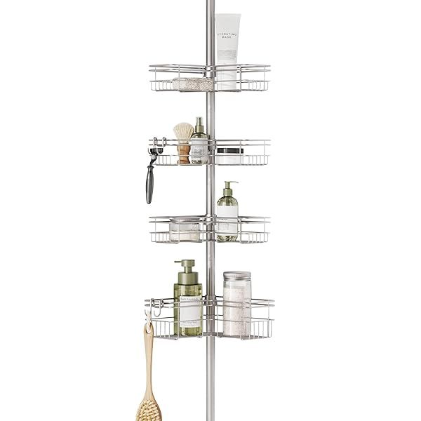Zenna Home Tension Pole Shower Caddy: Adjustable 4-Shelf Organizer in Satin Nickel for Bath Essentials